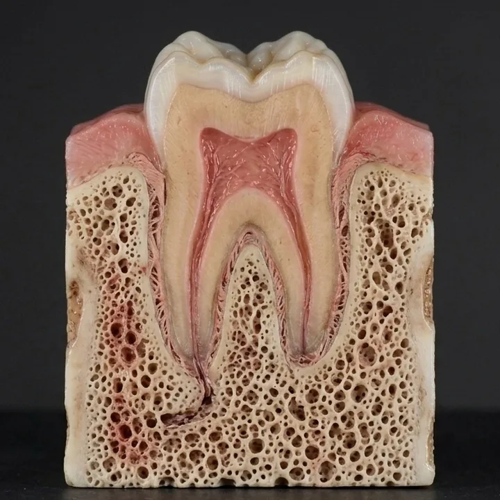 Modelo de un molar sano en corte, con la pulpa en su interior